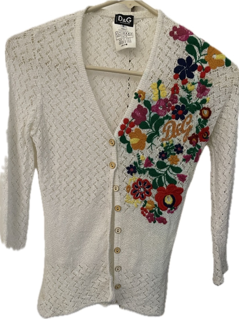 Dolce & Gabbana White Knit Cardigan with Multicolor Floral Embroidery